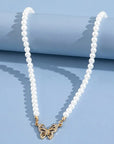 Rhinestone Butterfly Pendant Pearl Necklace