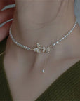 Rhinestone Butterfly Pendant Pearl Necklace